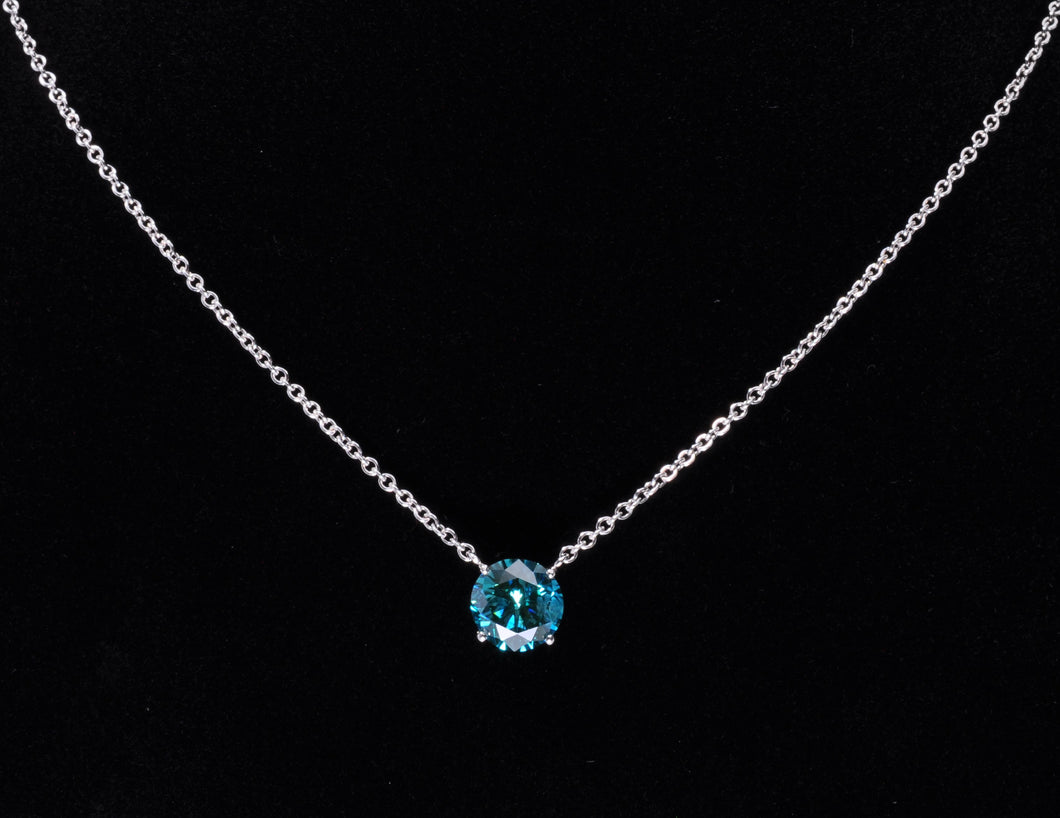 Treated Blue Round Brilliant Cut Diamond 14K White Gold Necklace